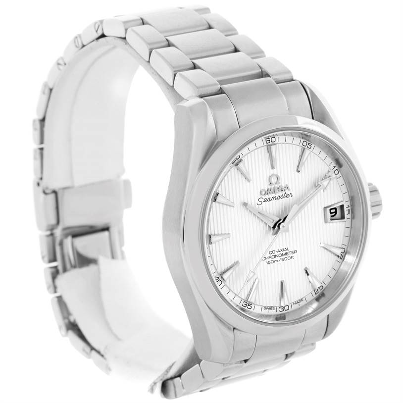 The Omega Aqua Terra 231.10.39.21.02.001 Men
s Stainless Steel Silver Dial 231.10.39.21.02.001 Men
s Stainless Steel Silver Dial watch is shown from a left front angle, displaying the face, bezel, crown, and bracelet.