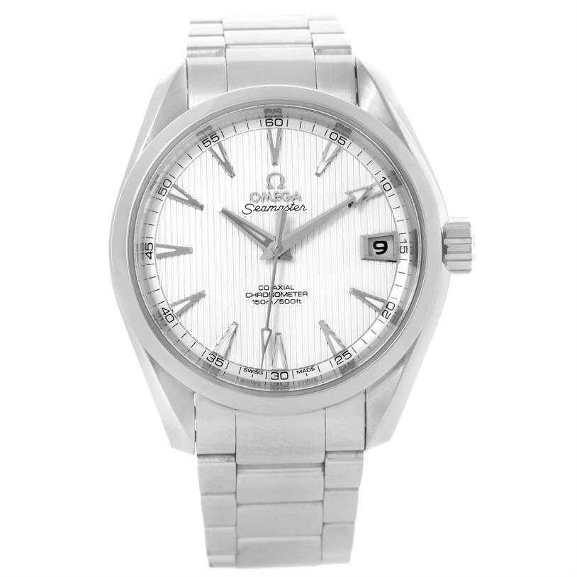 The Omega Aqua Terra 231.10.39.21.02.001 Men
s Stainless Steel Silver Dial 231.10.39.21.02.001 Men
s Stainless Steel Silver Dial watch is shown from a front angle displaying its dial, hands, crown, and bracelet.