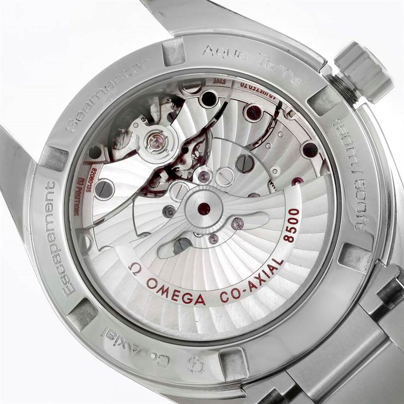 The image shows the back case of an Omega Aqua Terra 231.10.39.21.02.001 Men
s Stainless Steel Silver Dial 231.10.39.21.02.001 Men
s Stainless Steel Silver Dial watch, revealing its Co-Axial 8500 movement mechanism.