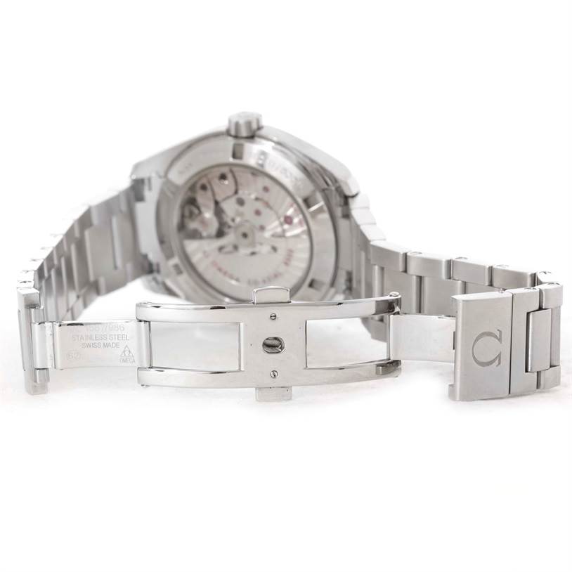 This image shows the back view of the Omega Aqua Terra 231.10.39.21.02.001 Men
s Stainless Steel Silver Dial 231.10.39.21.02.001 Men
s Stainless Steel Silver Dial with an open stainless steel bracelet and clasp.