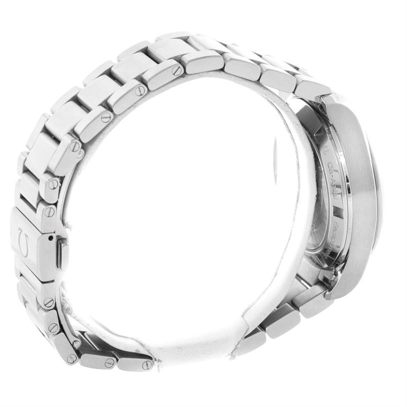 This image shows the side and partial underside view of an Omega Aqua Terra 231.10.39.21.02.001 Men
s Stainless Steel Silver Dial 231.10.39.21.02.001 Men
s Stainless Steel Silver Dial watch, highlighting its band and clasp.