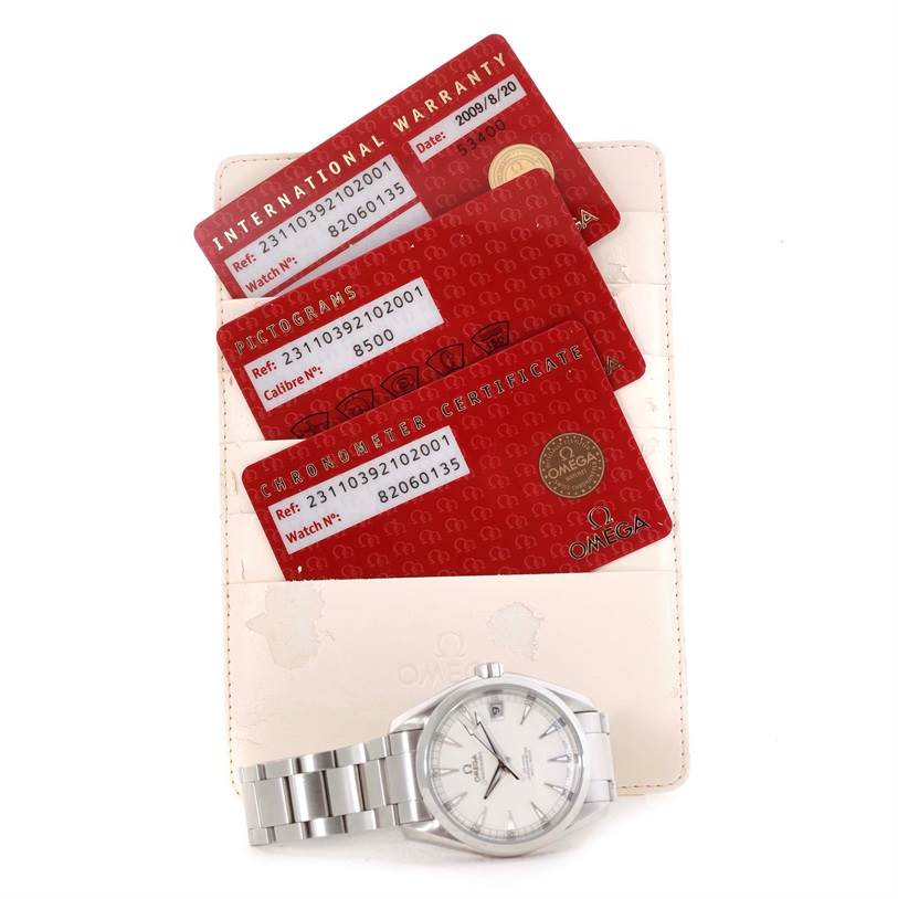 This image showcases an Omega Aqua Terra 231.10.39.21.02.001 Men
s Stainless Steel Silver Dial 231.10.39.21.02.001 Men
s Stainless Steel Silver Dial watch and its warranty, pictograms, and chronometer certificate cards.