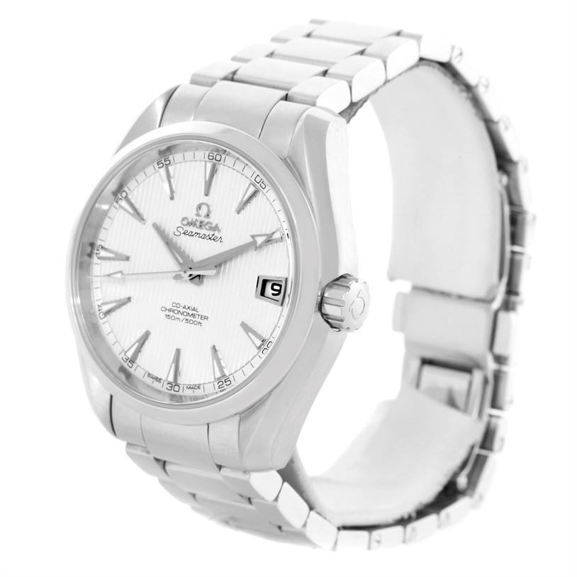 The Omega Aqua Terra 231.10.39.21.02.001 Men
s Stainless Steel Silver Dial 231.10.39.21.02.001 Men
s Stainless Steel Silver Dial watch is shown at a three-quarter angle, displaying its dial, date window, bezel, and metal bracelet.