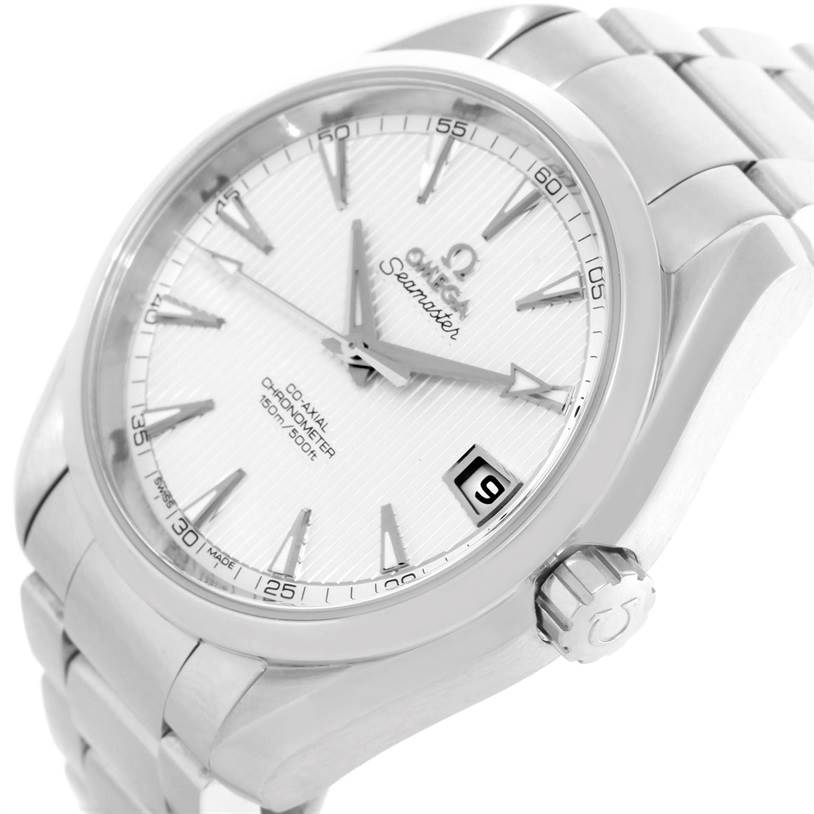 The image shows a close-up angle of the Omega Aqua Terra 231.10.39.21.02.001 Men
s Stainless Steel Silver Dial 231.10.39.21.02.001 Men
s Stainless Steel Silver Dial watch, focusing on its dial, bezel, crown, and bracelet.