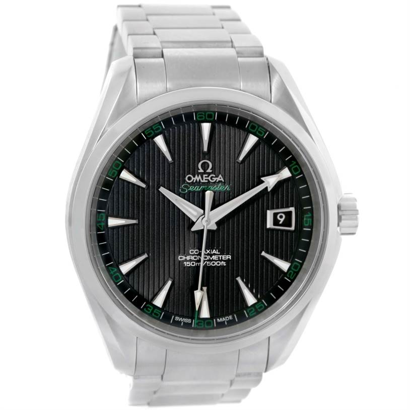 The Omega Aqua Terra 231.10.42.21.01.001 Men
s Stainless Steel Black Dial 231.10.42.21.01.001 Men
s Stainless Steel Black Dial watch is shown from a front angle, highlighting its face, date display, and metal bracelet.