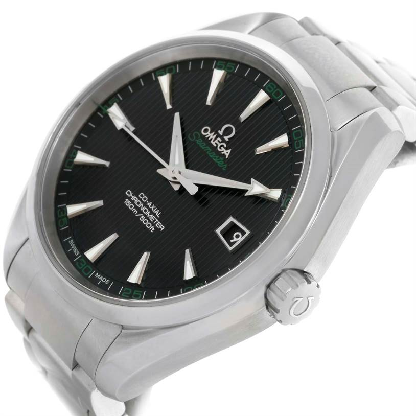 This is a close-up image of the Omega Aqua Terra 231.10.42.21.01.001 Men
s Stainless Steel Black Dial 231.10.42.21.01.001 Men
s Stainless Steel Black Dial watch, showing the face, crown, and part of the bracelet at an angled view.