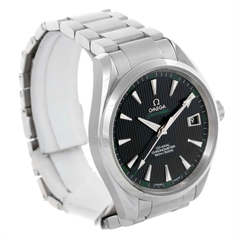 The image shows a side view of the Omega Aqua Terra 231.10.42.21.01.001 Men
s Stainless Steel Black Dial 231.10.42.21.01.001 Men
s Stainless Steel Black Dial watch, focusing on the face and bracelet.