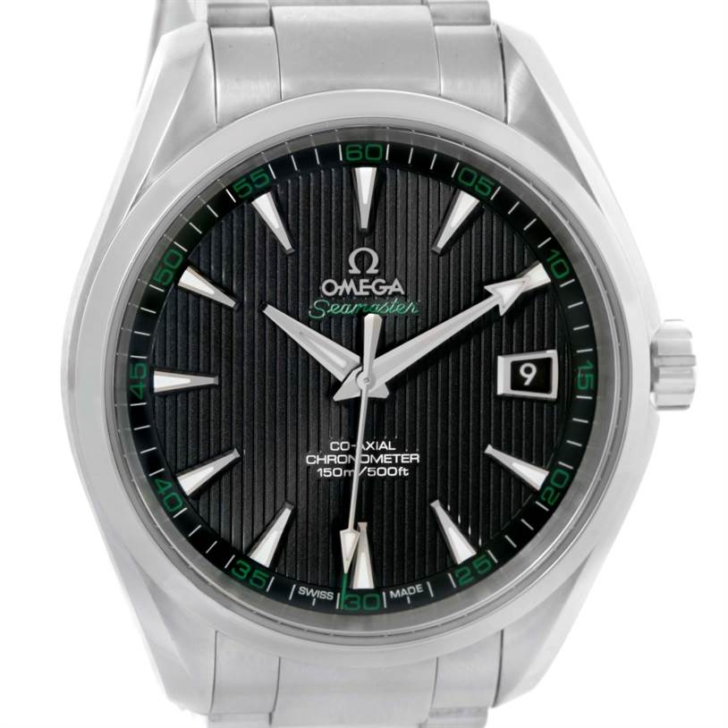 This is a front view of the Omega Aqua Terra 231.10.42.21.01.001 Men
s Stainless Steel Black Dial 231.10.42.21.01.001 Men
s Stainless Steel Black Dial watch, displaying the dial, hands, date, and part of the bracelet.