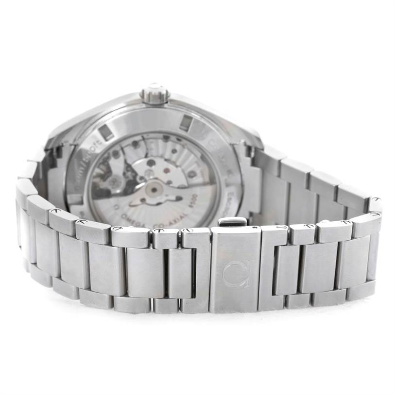 The image shows the back view and bracelet of an Omega Aqua Terra 231.10.42.21.01.001 Men
s Stainless Steel Black Dial 231.10.42.21.01.001 Men
s Stainless Steel Black Dial watch, highlighting its see-through case back and stainless steel bracelet.