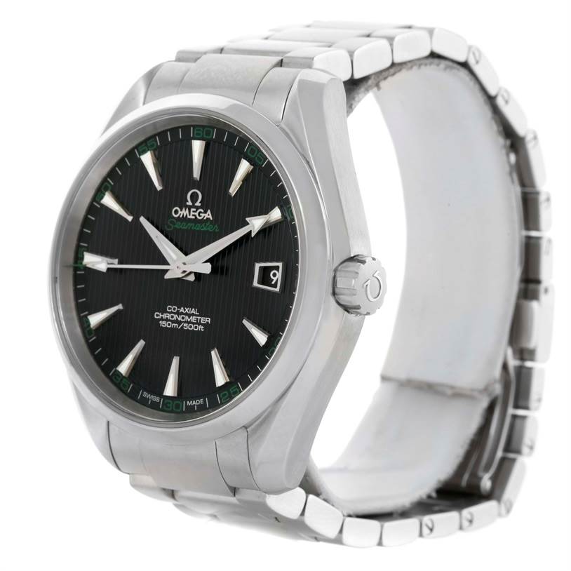 The Omega Aqua Terra 231.10.42.21.01.001 Men
s Stainless Steel Black Dial 231.10.42.21.01.001 Men
s Stainless Steel Black Dial watch is shown at a three-quarter angle, highlighting the face, dial, crown, and bracelet.