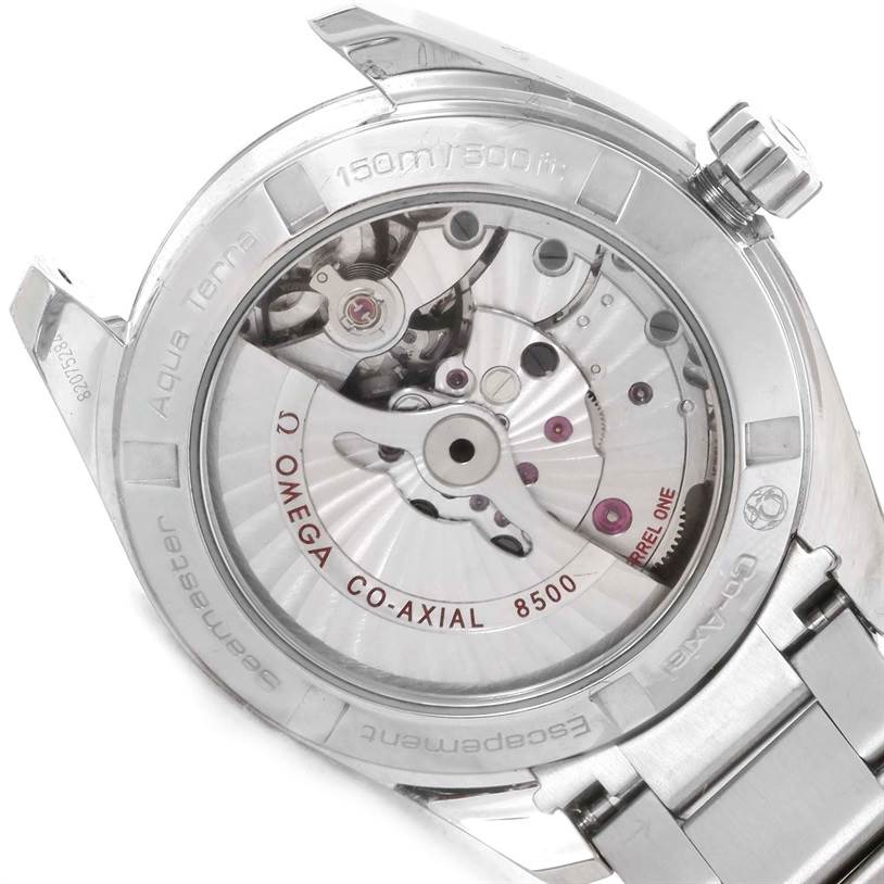The image shows the back view of the Omega Aqua Terra 231.10.39.21.02.001 Men's Stainless Steel Silver Dial 231.10.39.21.02.001 Men's Stainless Steel Silver Dial watch, highlighting its Co-Axial 8500 movement mechanism.
