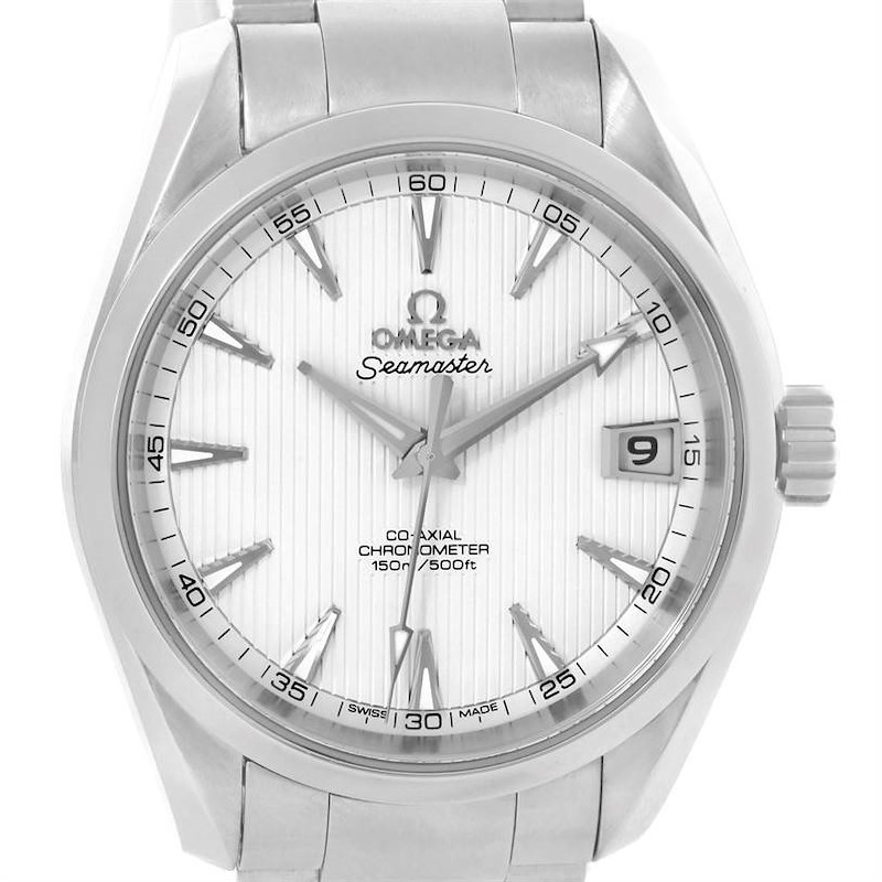 This image shows a front view of an Omega Seamaster Aqua Terra watch, highlighting the dial, hands, crown, and part of the bracelet.