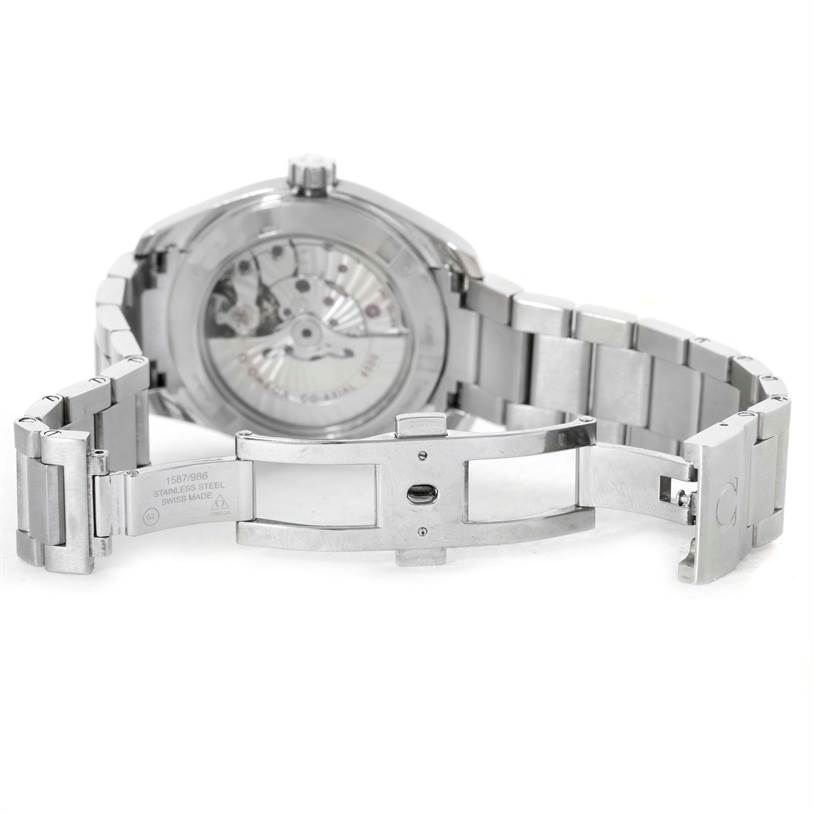 This image shows the back side and bracelet of the Omega Aqua Terra 231.10.39.21.02.001 Men's Stainless Steel Silver Dial 231.10.39.21.02.001 Men's Stainless Steel Silver Dial watch, highlighting the open clasp and partially visible movement.