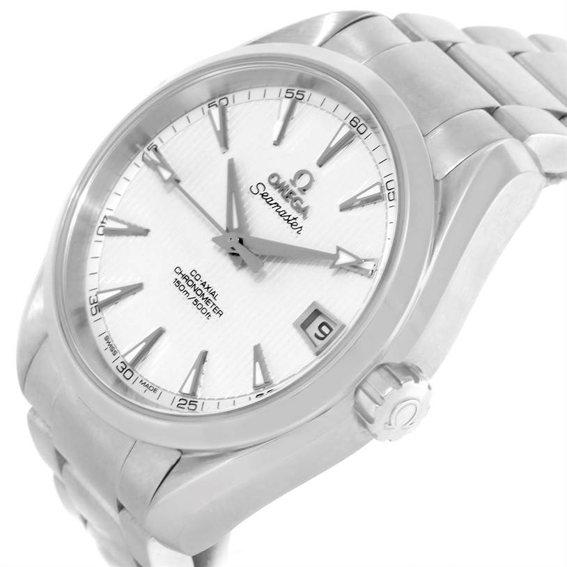 The image shows an Omega Aqua Terra 231.10.39.21.02.001 Men's Stainless Steel Silver Dial 231.10.39.21.02.001 Men's Stainless Steel Silver Dial watch at a slight angle, highlighting its face, crown, and part of the bracelet.