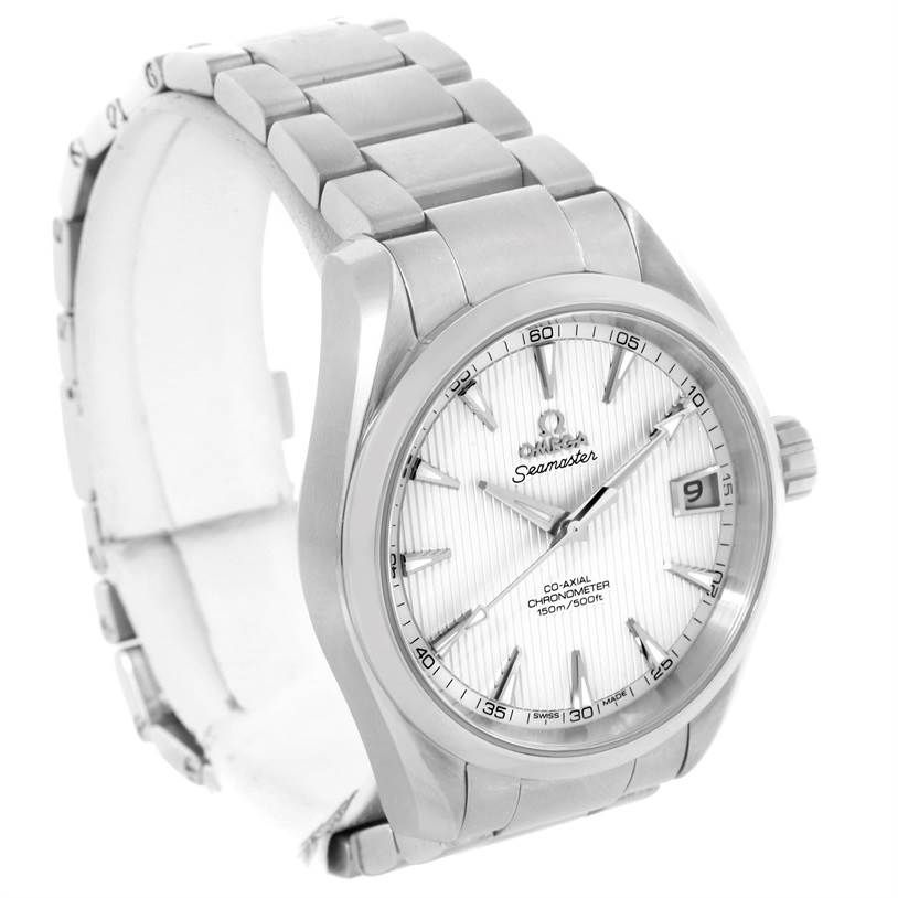 The image shows an Omega Aqua Terra 231.10.39.21.02.001 Men's Stainless Steel Silver Dial 231.10.39.21.02.001 Men's Stainless Steel Silver Dial watch from a three-quarter angle, highlighting the dial, bezel, and bracelet.