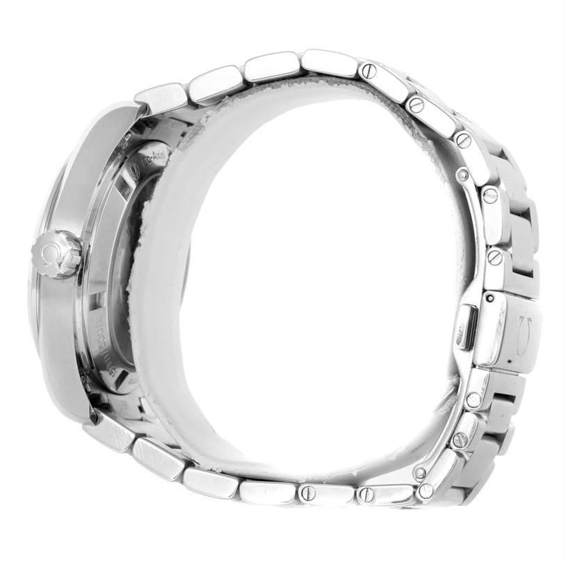 The image shows a side view of the Omega Aqua Terra 231.10.39.21.02.001 Men's Stainless Steel Silver Dial 231.10.39.21.02.001 Men's Stainless Steel Silver Dial watch, highlighting its crown, stainless steel case, and bracelet.