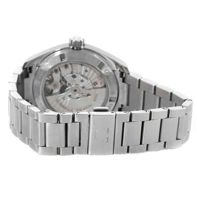 The image displays the back view of the Omega Aqua Terra 231.10.39.21.02.001 Men's Stainless Steel Silver Dial 231.10.39.21.02.001 Men's Stainless Steel Silver Dial watch, showcasing its metal bracelet and transparent case back.