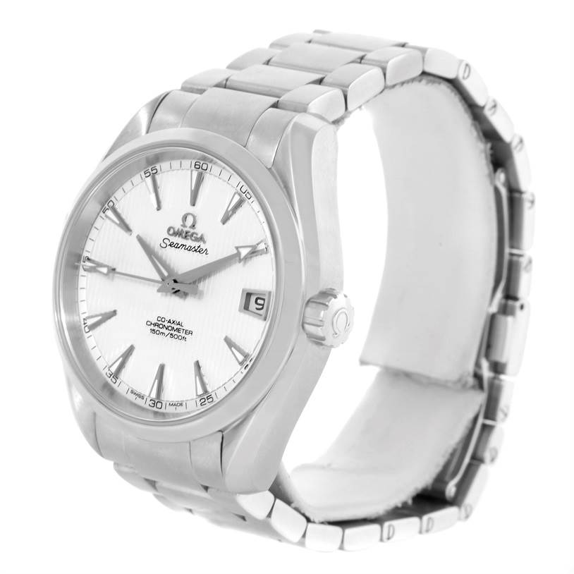 The image shows an Omega Aqua Terra 231.10.39.21.02.001 Men's Stainless Steel Silver Dial 231.10.39.21.02.001 Men's Stainless Steel Silver Dial watch from a three-quarter angle, highlighting its dial, bezel, crown, and metal bracelet.