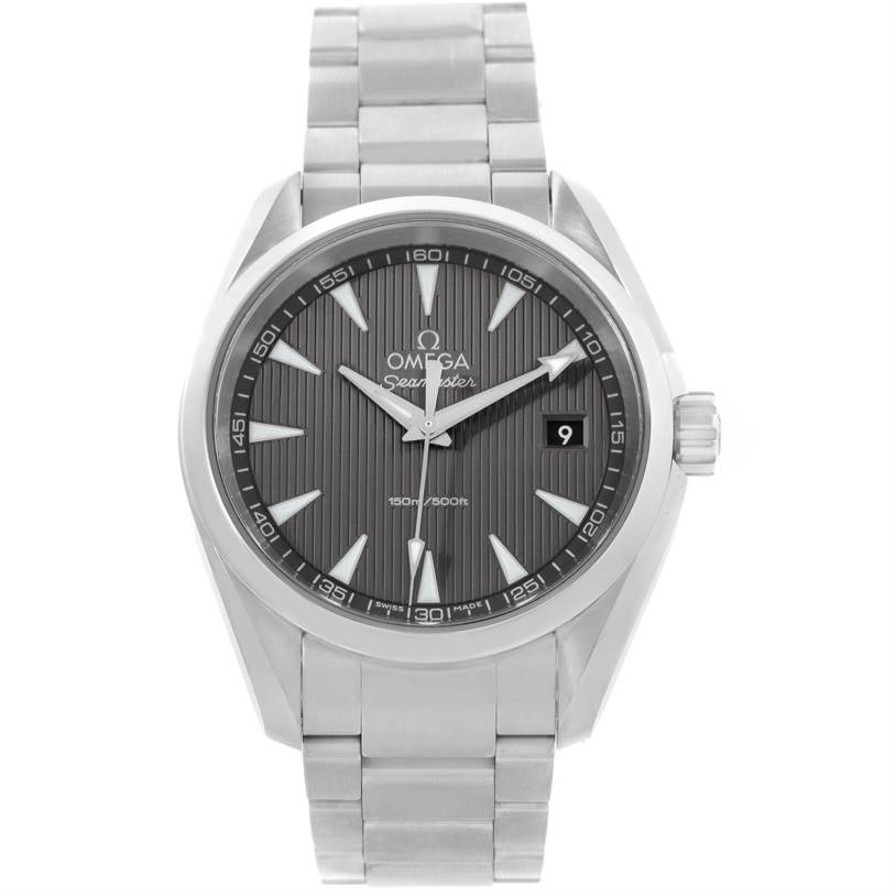 This image shows a front view of the Omega Aqua Terra 231.10.39.60.06.001 Men
s Stainless Steel Grey Dial 231.10.39.60.06.001 Men
s Stainless Steel Grey Dial watch, displaying the dial, bezel, and bracelet.