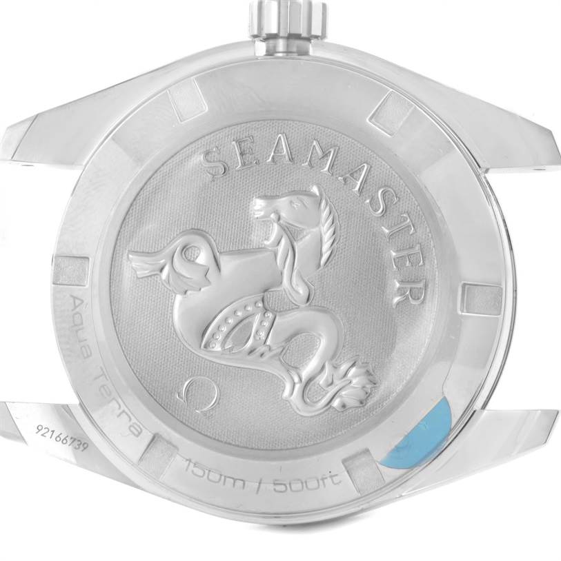 This image shows the case back of the Omega Aqua Terra 231.10.39.60.06.001 Men
s Stainless Steel Grey Dial 231.10.39.60.06.001 Men
s Stainless Steel Grey Dial watch, highlighting the Seamaster engraving and water resistance rating.