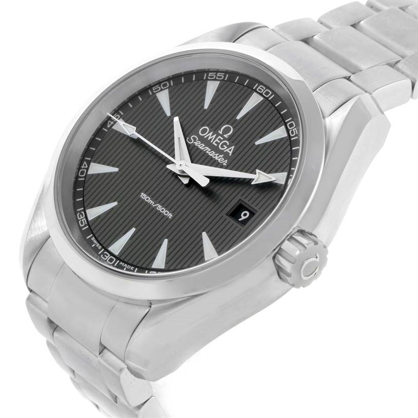 The image shows the Omega Aqua Terra 231.10.39.60.06.001 Men
s Stainless Steel Grey Dial 231.10.39.60.06.001 Men
s Stainless Steel Grey Dial watch from a left side angle, displaying the face, crown, and part of the bracelet.