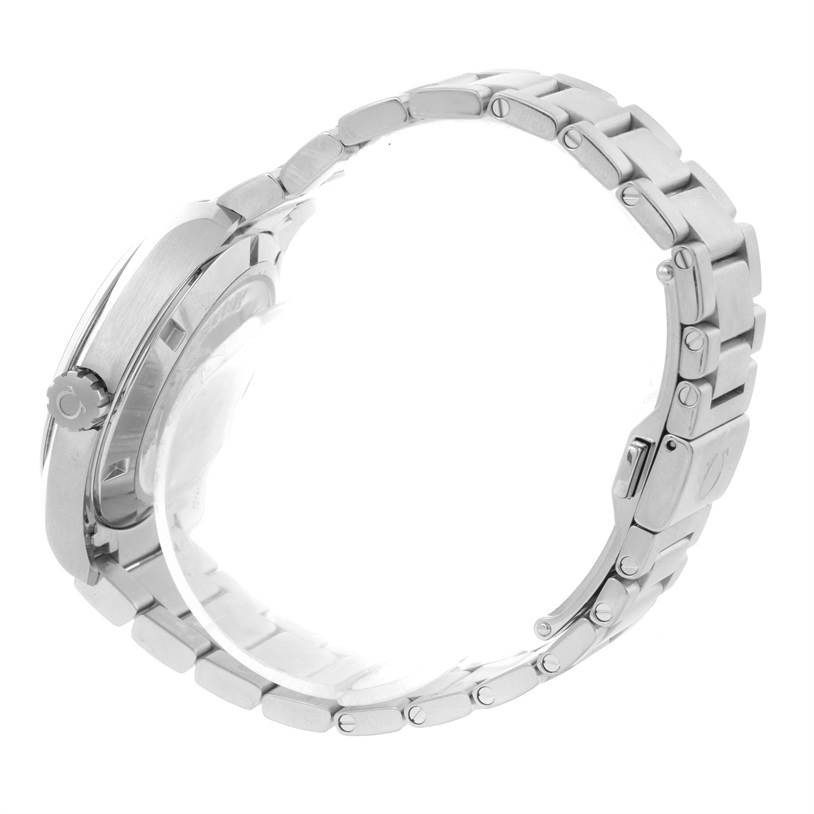 The side profile of the Omega Aqua Terra 231.10.39.60.06.001 Men
s Stainless Steel Grey Dial 231.10.39.60.06.001 Men
s Stainless Steel Grey Dial watch, showing the case, crown, and stainless steel bracelet.