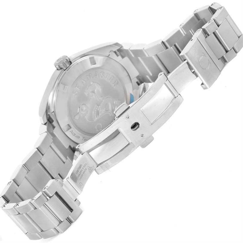 The image shows the Omega Aqua Terra 231.10.39.60.06.001 Men
s Stainless Steel Grey Dial 231.10.39.60.06.001 Men
s Stainless Steel Grey Dial watch from a rear angle, highlighting its case back and stainless steel bracelet with a deployed clasp.