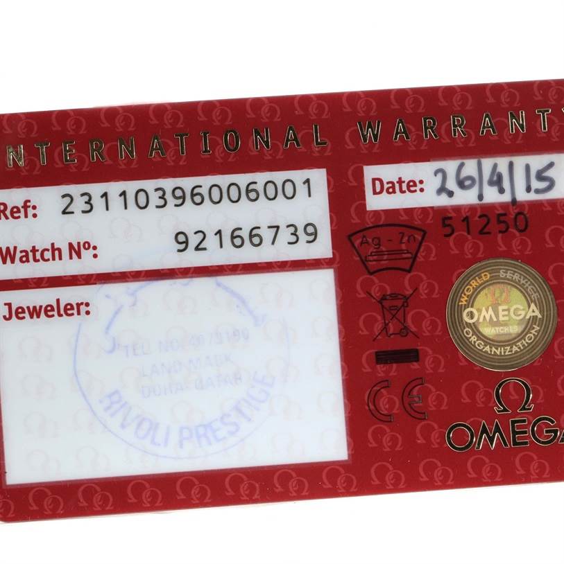 The image shows the international warranty card for the Omega Aqua Terra 231.10.39.60.06.001 Men
s Stainless Steel Grey Dial 231.10.39.60.06.001 Men
s Stainless Steel Grey Dial model watch.