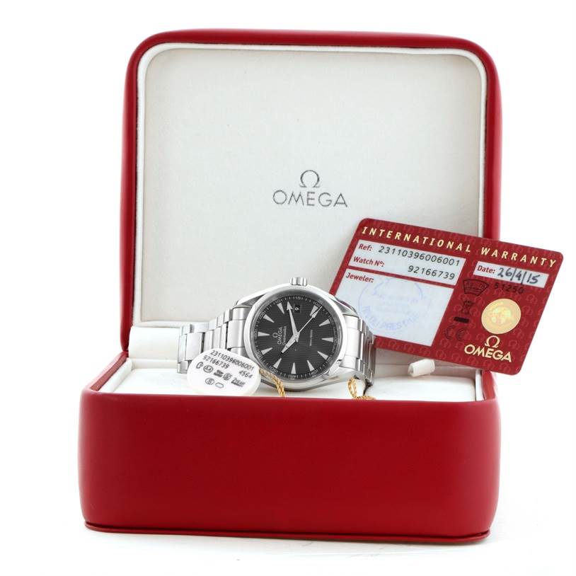 The Omega Aqua Terra 231.10.39.60.06.001 Men
s Stainless Steel Grey Dial 231.10.39.60.06.001 Men
s Stainless Steel Grey Dial watch is shown face-up in its box with an international warranty card beside it.