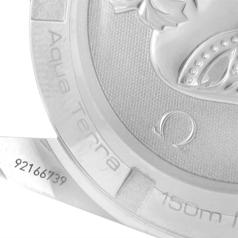 The image shows a close-up of the case back of an Omega Aqua Terra 231.10.39.60.06.001 Men
s Stainless Steel Grey Dial 231.10.39.60.06.001 Men
s Stainless Steel Grey Dial watch, including the model name and serial number.