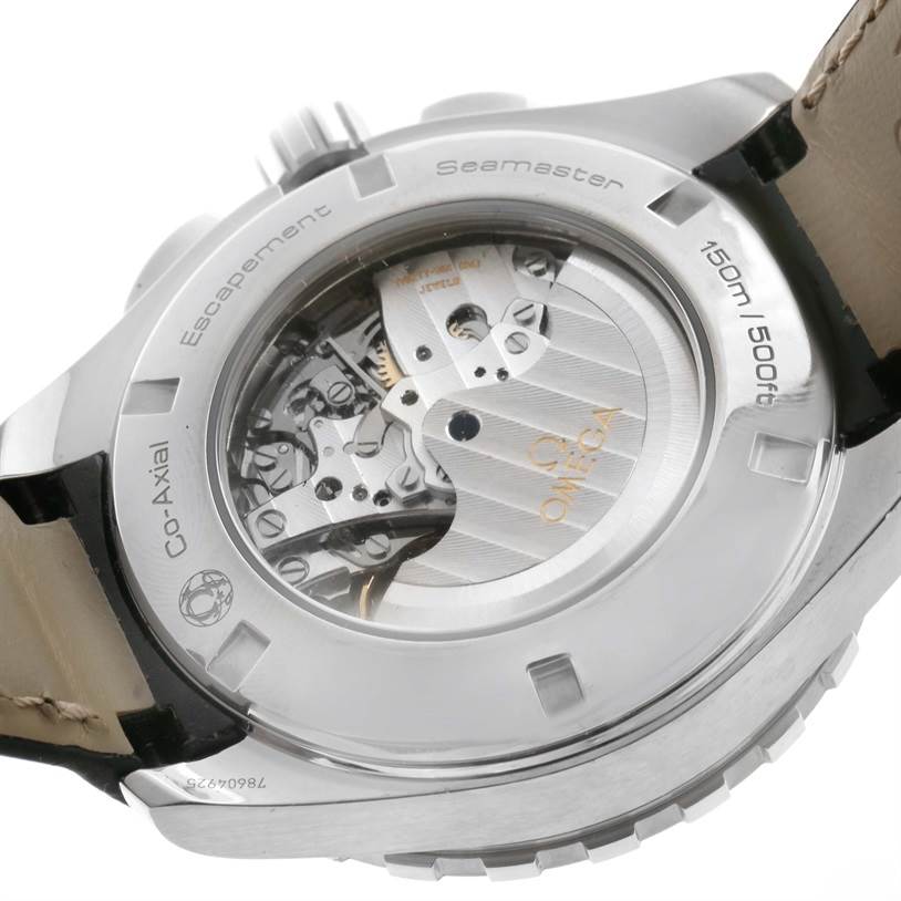 The image shows the back of the Omega Aqua Terra 231.13.44.52.06.001 Men
s Stainless Steel Grey Dial 231.13.44.52.06.001 Men
s Stainless Steel Grey Dial watch, highlighting its Co-Axial movement and transparent case back.