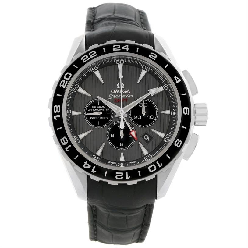 The image shows an Omega Aqua Terra 231.13.44.52.06.001 Men
s Stainless Steel Grey Dial 231.13.44.52.06.001 Men
s Stainless Steel Grey Dial Seamaster watch from a front angle, displaying the dial, bezel, and leather strap.