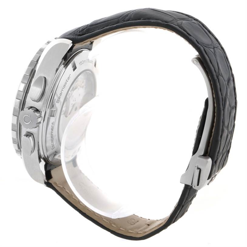 The image shows the side and back profile of an Omega Aqua Terra 231.13.44.52.06.001 Men
s Stainless Steel Grey Dial 231.13.44.52.06.001 Men
s Stainless Steel Grey Dial watch, highlighting the crown, case back, and leather strap.