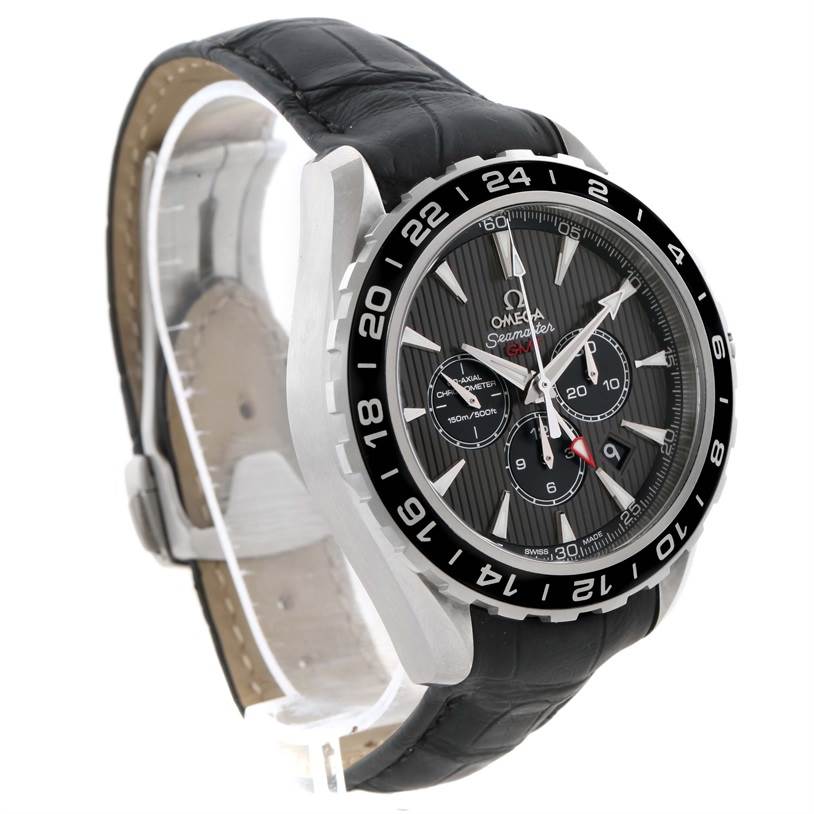 The image shows an Omega Aqua Terra 231.13.44.52.06.001 Men
s Stainless Steel Grey Dial 231.13.44.52.06.001 Men
s Stainless Steel Grey Dial watch at a slight side angle, highlighting its black leather strap, bezel, and dial.