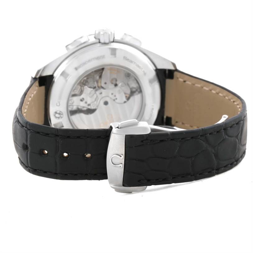 The image shows the back view of an Omega Aqua Terra 231.13.44.52.06.001 Men
s Stainless Steel Grey Dial 231.13.44.52.06.001 Men
s Stainless Steel Grey Dial watch, highlighting the clasp and black leather strap.