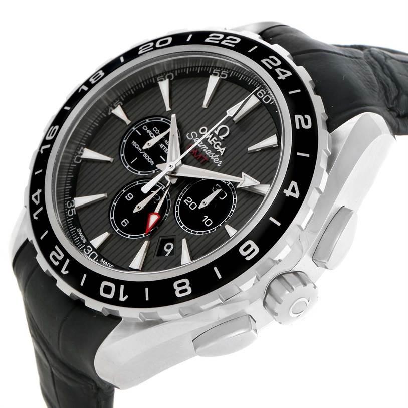 The image shows an Omega Aqua Terra 231.13.44.52.06.001 Men
s Stainless Steel Grey Dial 231.13.44.52.06.001 Men
s Stainless Steel Grey Dial watch at an oblique angle, highlighting the face, bezel, and part of the strap.