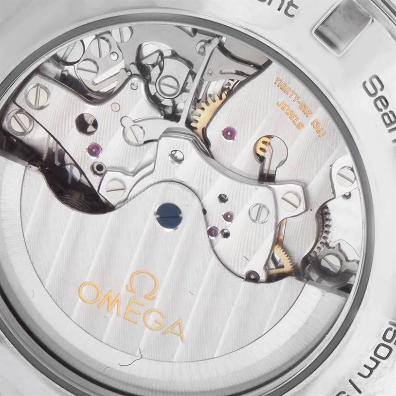 This image shows a close-up view of the inner mechanical components of an Omega Aqua Terra 231.13.44.52.06.001 Men
s Stainless Steel Grey Dial 231.13.44.52.06.001 Men
s Stainless Steel Grey Dial watch.