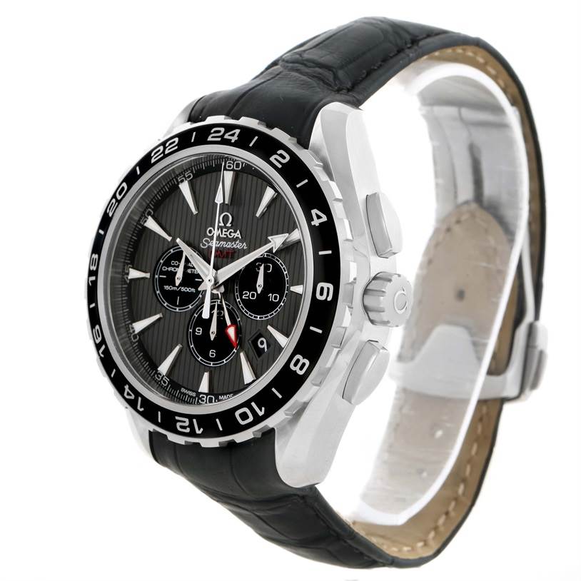 The image shows an Omega Aqua Terra 231.13.44.52.06.001 Men
s Stainless Steel Grey Dial 231.13.44.52.06.001 Men
s Stainless Steel Grey Dial watch from a three-quarter angle, highlighting the dial, bezel, crown, and strap.