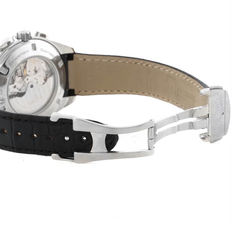 The image shows the back view of an Omega Aqua Terra 231.13.44.52.06.001 Men
s Stainless Steel Grey Dial 231.13.44.52.06.001 Men
s Stainless Steel Grey Dial watch with an open black leather strap and visible deployment clasp.