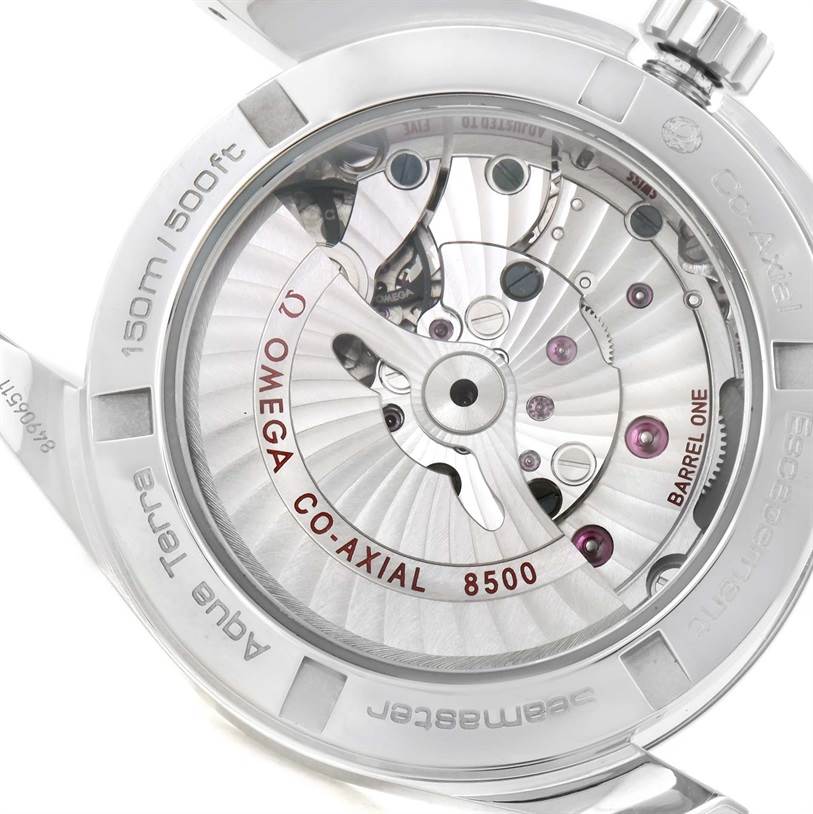 This image shows the back view of the Omega Aqua Terra 231.13.39.21.02.001 Men
s Stainless Steel Silver Dial 231.13.39.21.02.001 Men
s Stainless Steel Silver Dial watch, highlighting its Co-Axial 8500 movement.