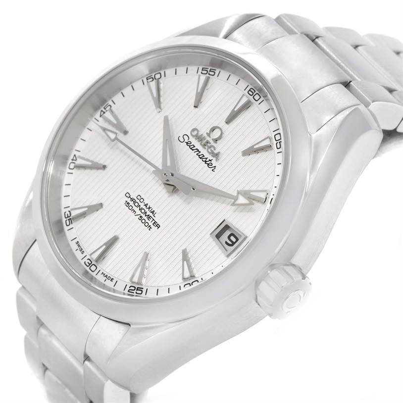 The image shows the Omega Aqua Terra 231.13.39.21.02.001 Men
s Stainless Steel Silver Dial 231.13.39.21.02.001 Men
s Stainless Steel Silver Dial watch from an angle slightly above the face, displaying the dial, hands, crown, and part of the bracelet.