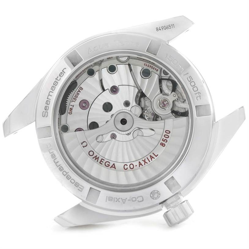 The image shows the back view of the Omega Aqua Terra 231.13.39.21.02.001 Men
s Stainless Steel Silver Dial 231.13.39.21.02.001 Men
s Stainless Steel Silver Dial watch, highlighting its movement and internal mechanics.