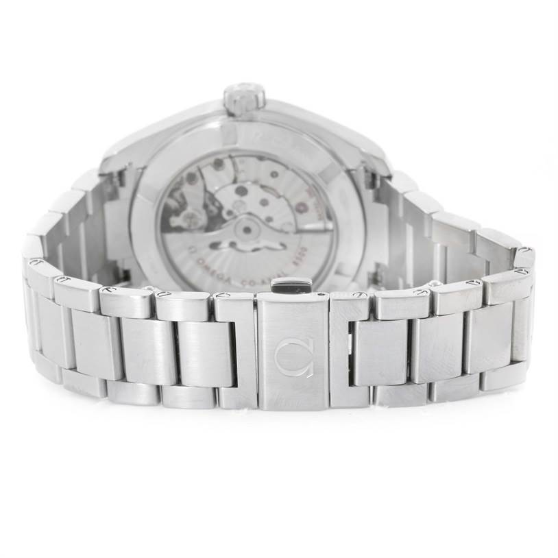 The image shows the back view of the Omega Aqua Terra 231.13.39.21.02.001 Men
s Stainless Steel Silver Dial 231.13.39.21.02.001 Men
s Stainless Steel Silver Dial watch, highlighting the metal bracelet and the transparent case back.