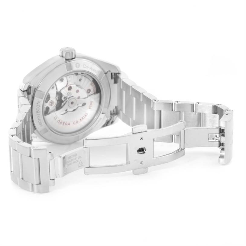 The image shows the back of the Omega Aqua Terra 231.13.39.21.02.001 Men
s Stainless Steel Silver Dial 231.13.39.21.02.001 Men
s Stainless Steel Silver Dial watch, highlighting its open clasp and inner mechanism.