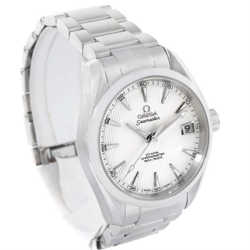 The Omega Aqua Terra 231.13.39.21.02.001 Men
s Stainless Steel Silver Dial 231.13.39.21.02.001 Men
s Stainless Steel Silver Dial watch is shown at a three-quarter angle, highlighting the dial, bracelet, and crown.