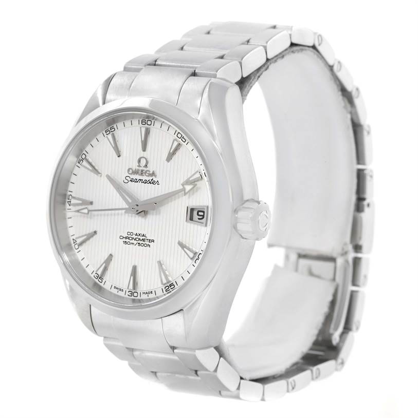 This image shows an Omega Aqua Terra 231.13.39.21.02.001 Men
s Stainless Steel Silver Dial 231.13.39.21.02.001 Men
s Stainless Steel Silver Dial watch from a front-side angle, displaying the face, bezel, bracelet, and crown.