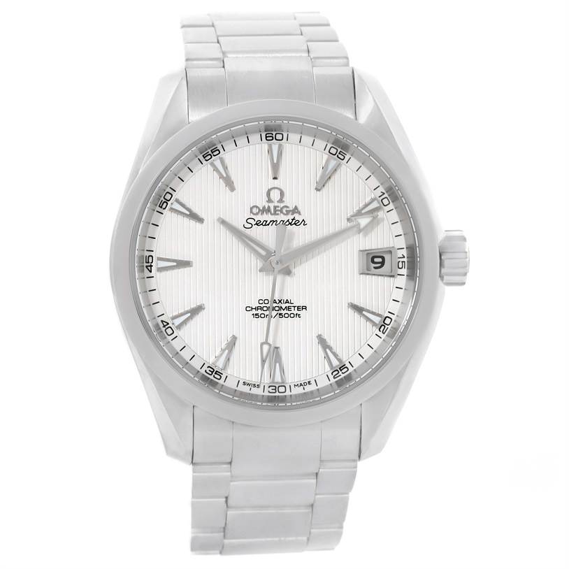 The Omega Aqua Terra 231.13.39.21.02.001 Men
s Stainless Steel Silver Dial 231.13.39.21.02.001 Men
s Stainless Steel Silver Dial watch is shown from a front angle, displaying its dial, hands, markers, and bracelet.