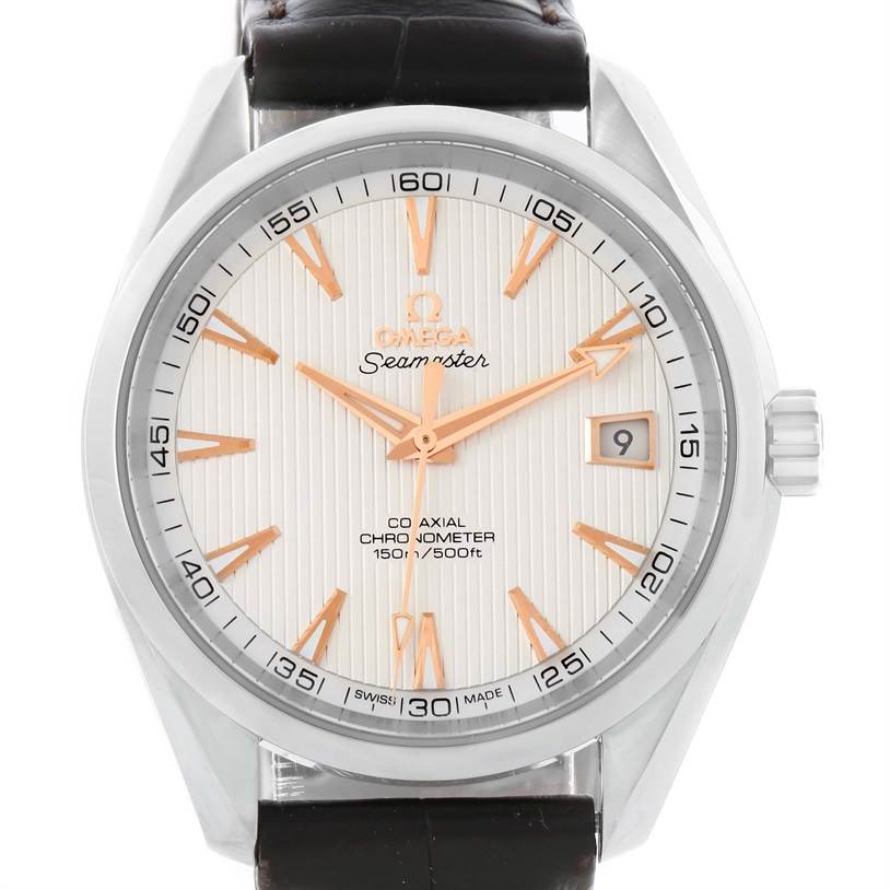 The image shows a frontal view of the Omega Aqua Terra 231.13.42.21.02.003 Men
s Stainless Steel Silver Dial 231.13.42.21.02.003 Men
s Stainless Steel Silver Dial watch, highlighting its dial, hands, date window, and bezel.