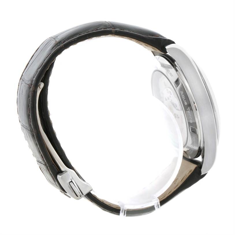 The image shows the side view of an Omega Aqua Terra 231.13.42.21.02.003 Men
s Stainless Steel Silver Dial 231.13.42.21.02.003 Men
s Stainless Steel Silver Dial watch, highlighting the caseback and leather strap.