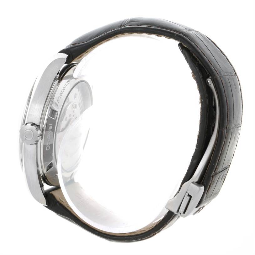 The image shows a side view of an Omega Aqua Terra 231.13.42.21.02.003 Men
s Stainless Steel Silver Dial 231.13.42.21.02.003 Men
s Stainless Steel Silver Dial watch, highlighting the case, crown, and strap.